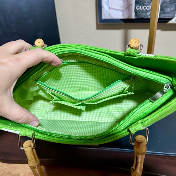 Kate Spade Green and White Floral Tote w rhinestones & Bamboo Handles - EUC Rare - Picture 8 of 16